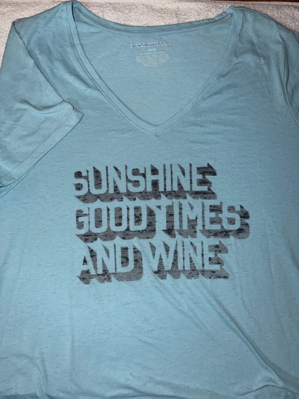 Lane Bryant Light Blue V-Neck Tee with 'Sunshine Good Times And Wine' Graphic